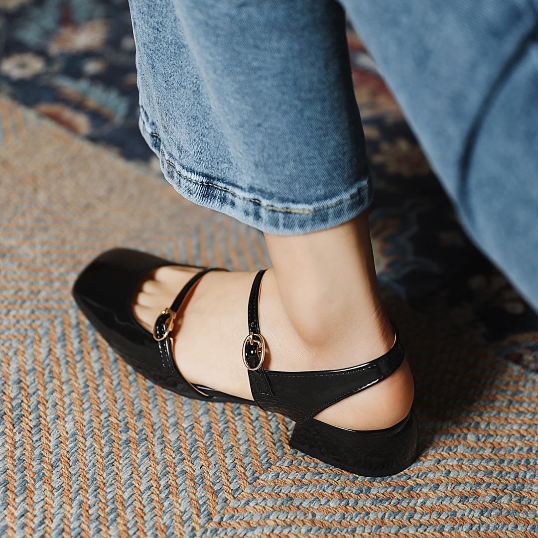 Square Head low Heel Buckle Shoes