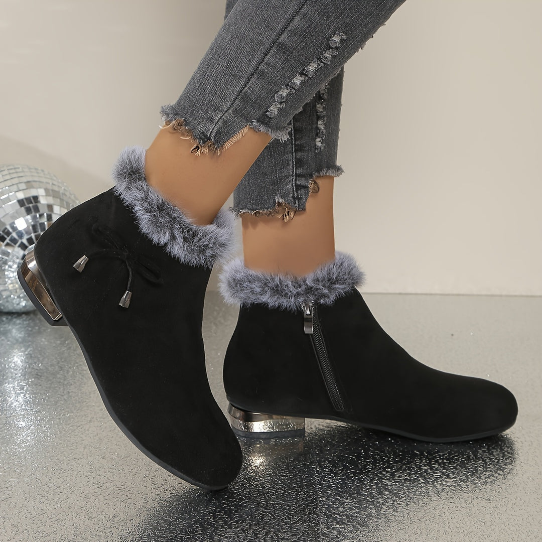 Women's Round Toe Ankle Boots with Faux Fur Trim