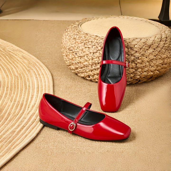 Red Mary Jane Ballet Flats with Adjustable Buckle Strap