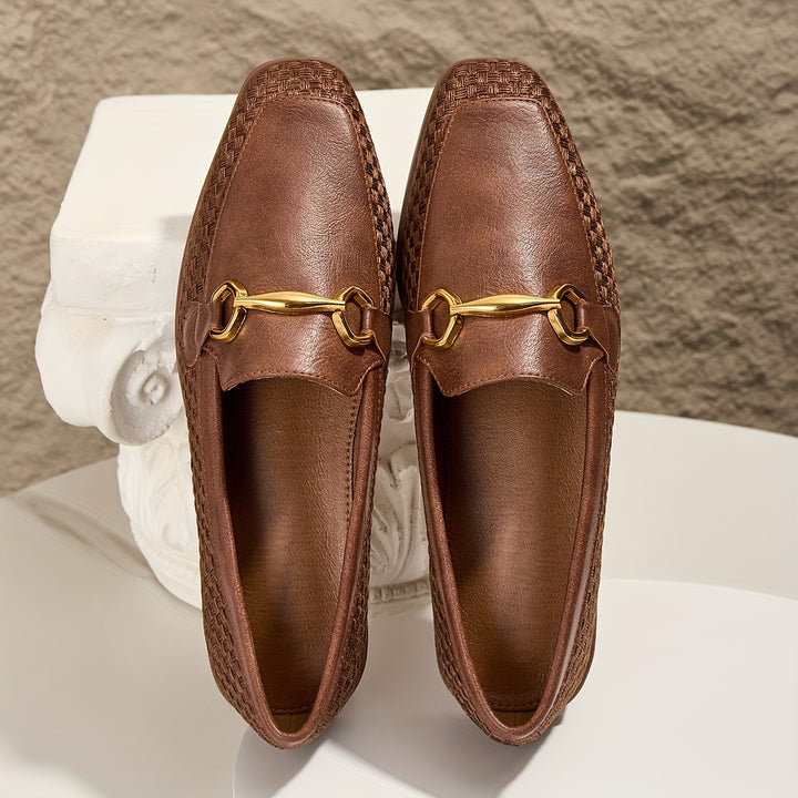 Brown Woven Fabric Loafers with Metal Buckle