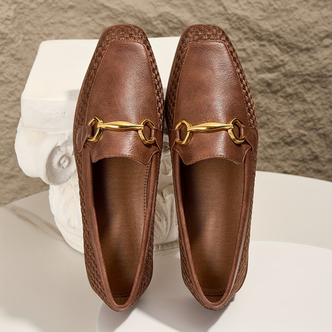 Brown Woven Fabric Loafers with Metal Buckle