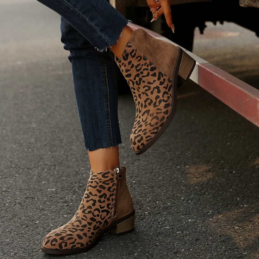 Women's Leopard Print Chunky Low Block Heel Ankle Boots
