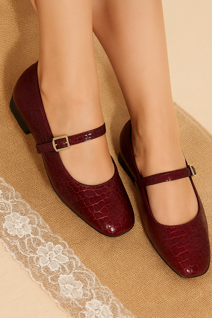 Women's Red Crocodile Pattern Flat Mary Jane Shoe