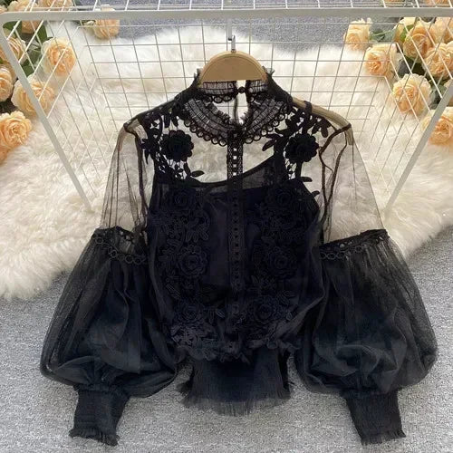 Lace Puff Long Sleeve Blouse