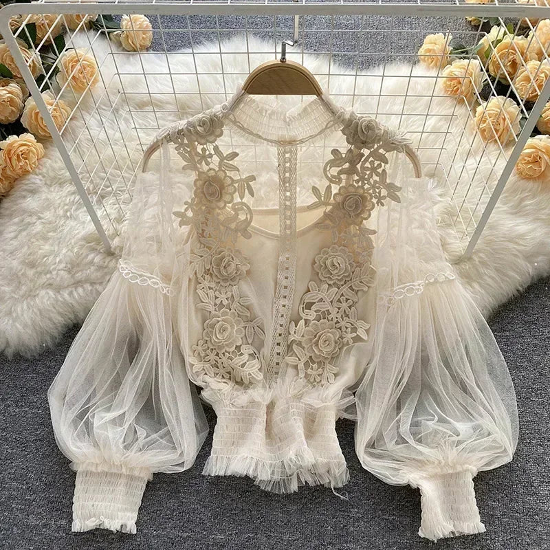 Lace Puff Long Sleeve Blouse