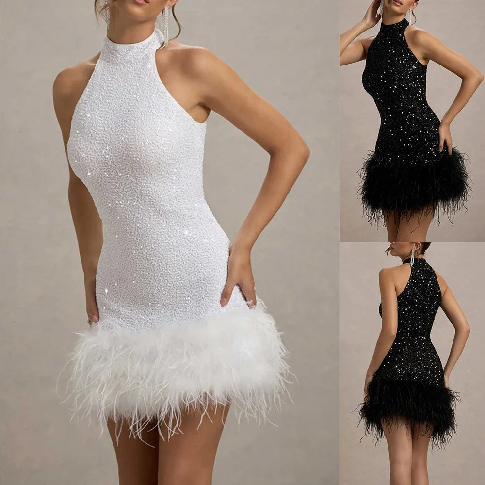 Off Shoulder Feather Mini Dress