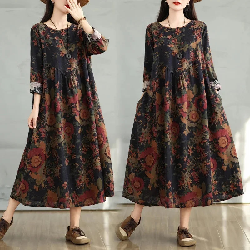 Vintage Round Neck Loose Dress