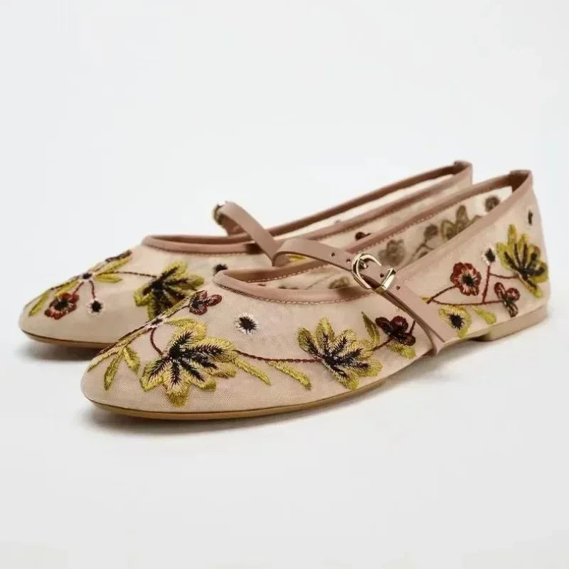 Embroidered Flower Mary Jane Ballets