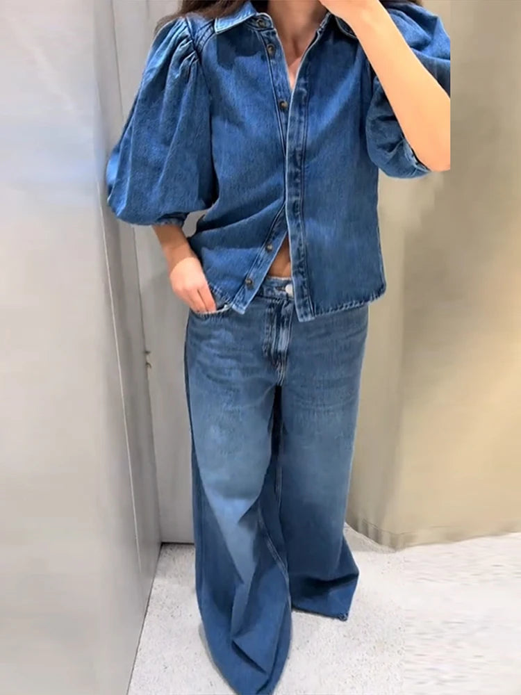 Puff Sleeve Denim Blouse
