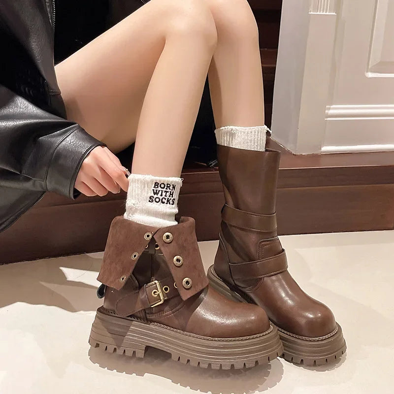 Retro British Style Women's Mid-Calf Boot