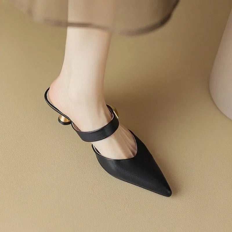 Heeled Leather Slides