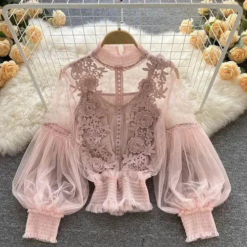 Lace Puff Long Sleeve Blouse