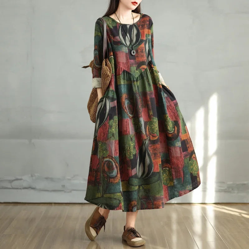 Vintage Round Neck Loose Dress