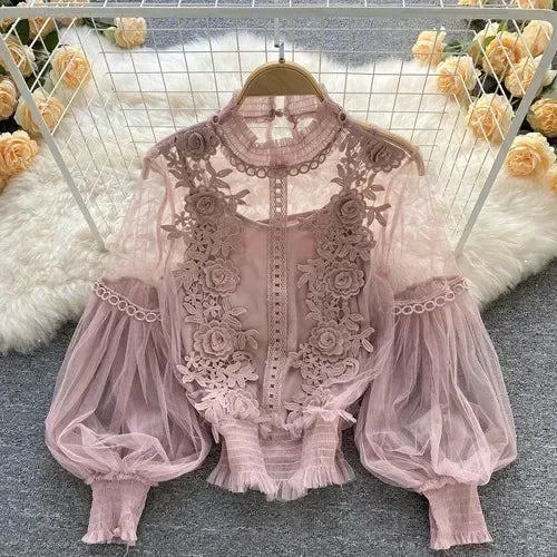 Lace Puff Long Sleeve Blouse