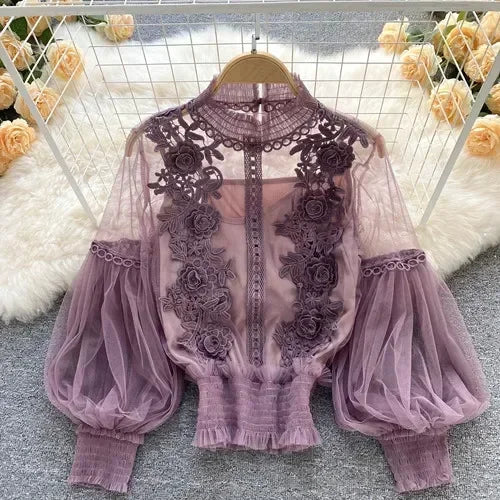 Lace Puff Long Sleeve Blouse