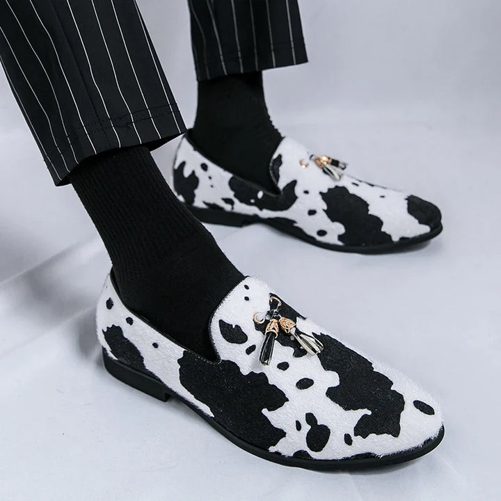 Stylish Cow Color Fringed Loafers