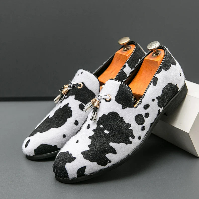 Stylish Cow Color Fringed Loafers