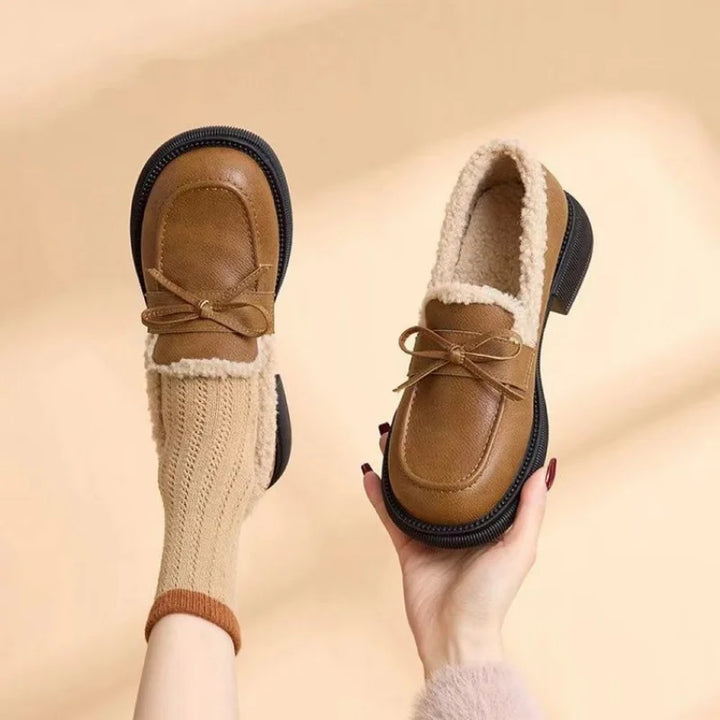 Round Toe Low Heel Bow Decor Slip-On Bean Shoes