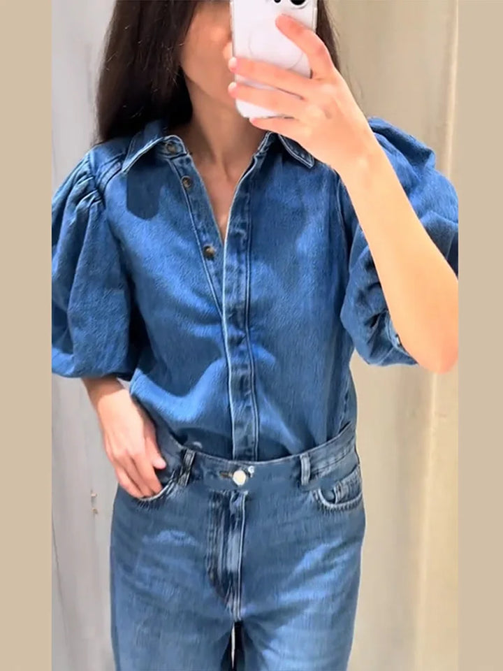 Puff Sleeve Denim Blouse