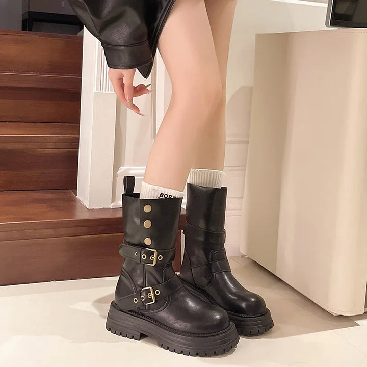 Retro British Style Women's Mid-Calf Boot
