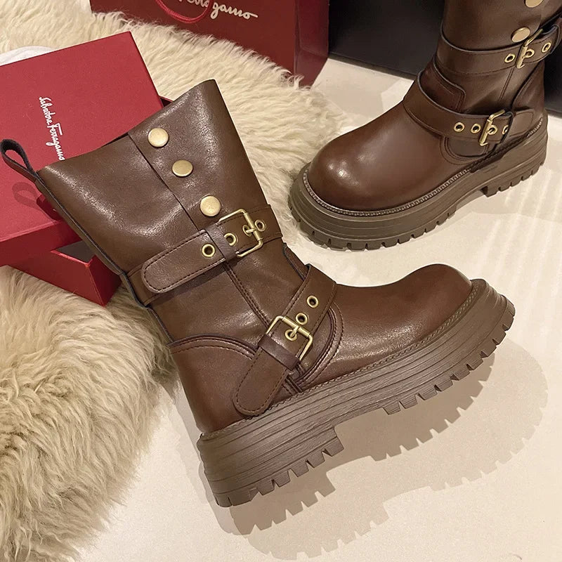Retro British Style Women's Mid-Calf Boot