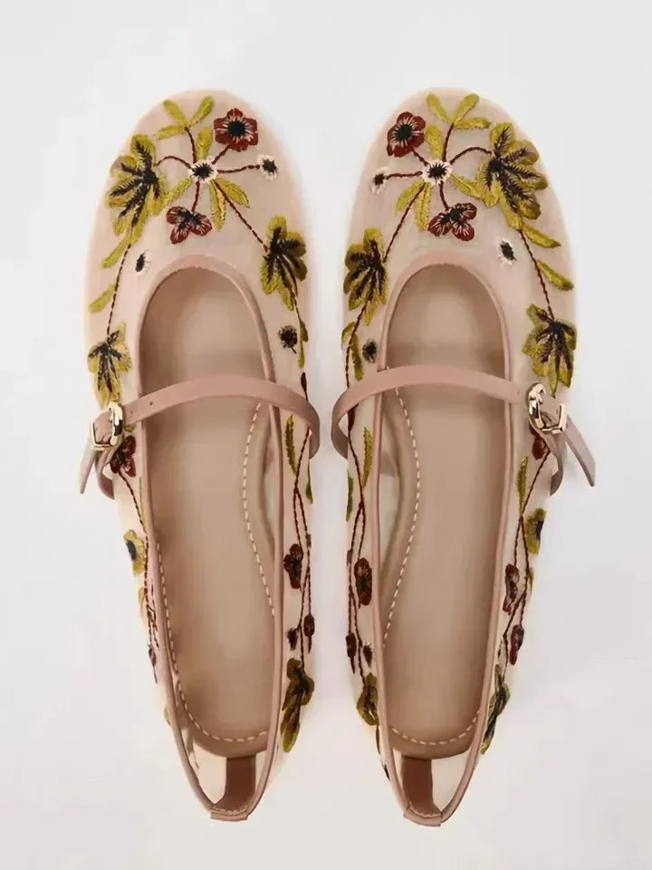 Embroidered Flower Mary Jane Ballets