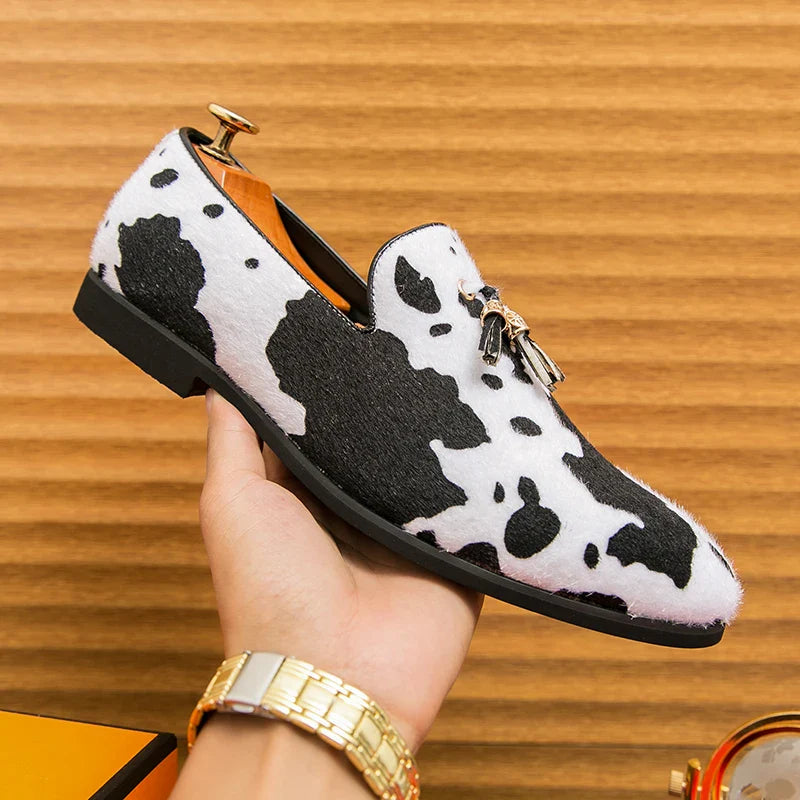 Stylish Cow Color Fringed Loafers