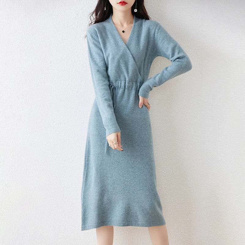V-Neck Solid Color Dress