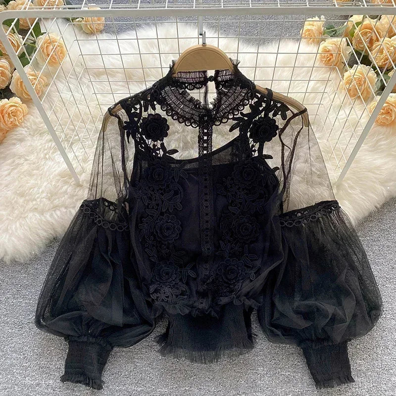 Lace Puff Long Sleeve Blouse
