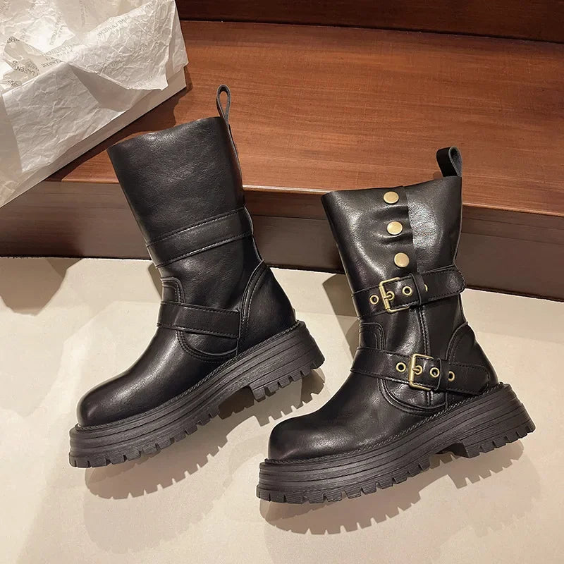 Retro British Style Women's Mid-Calf Boot