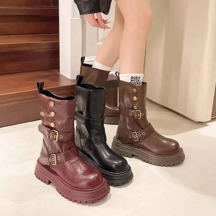 Retro British Style Women's Mid-Calf Boot