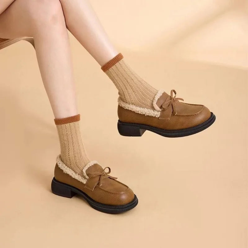 Round Toe Low Heel Bow Decor Slip-On Bean Shoes