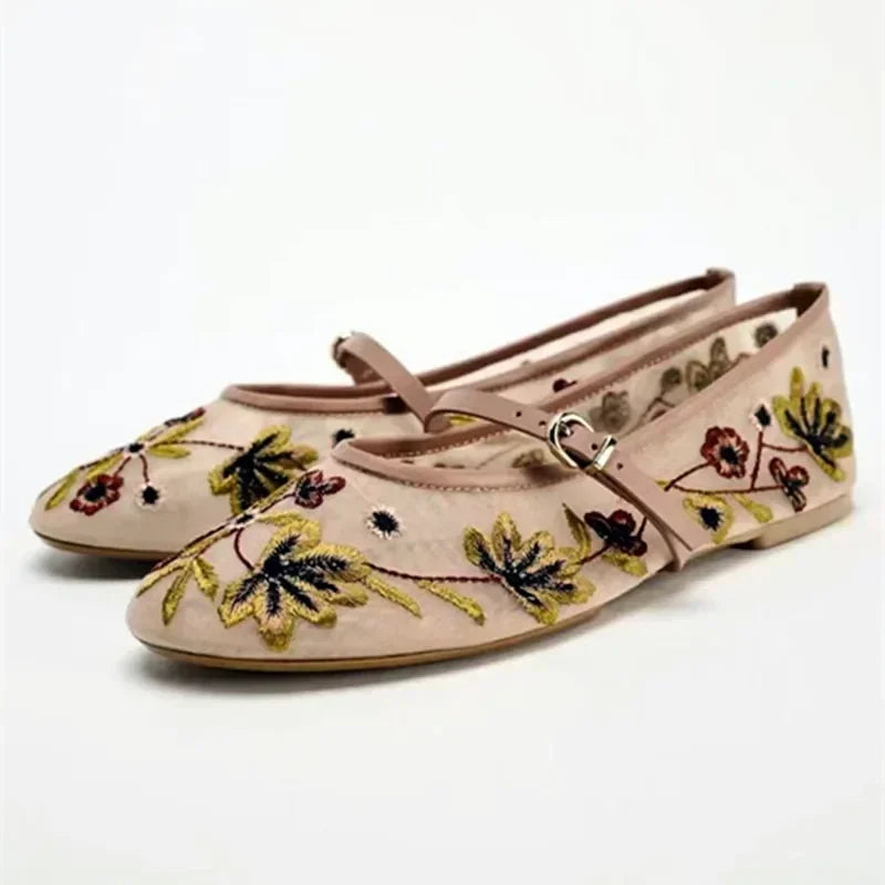Embroidered Flower Mary Jane Ballets