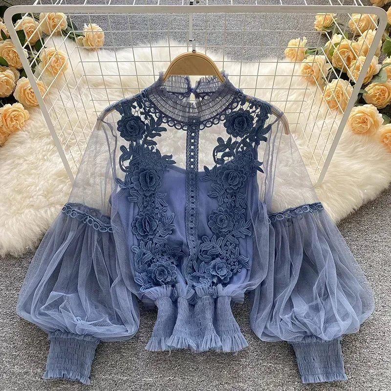 Lace Puff Long Sleeve Blouse