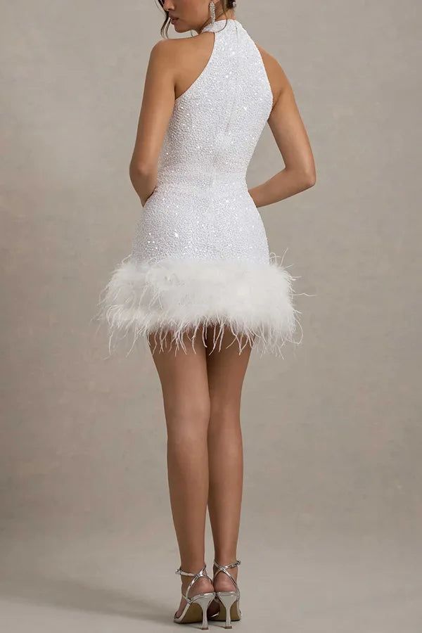 Off Shoulder Feather Mini Dress
