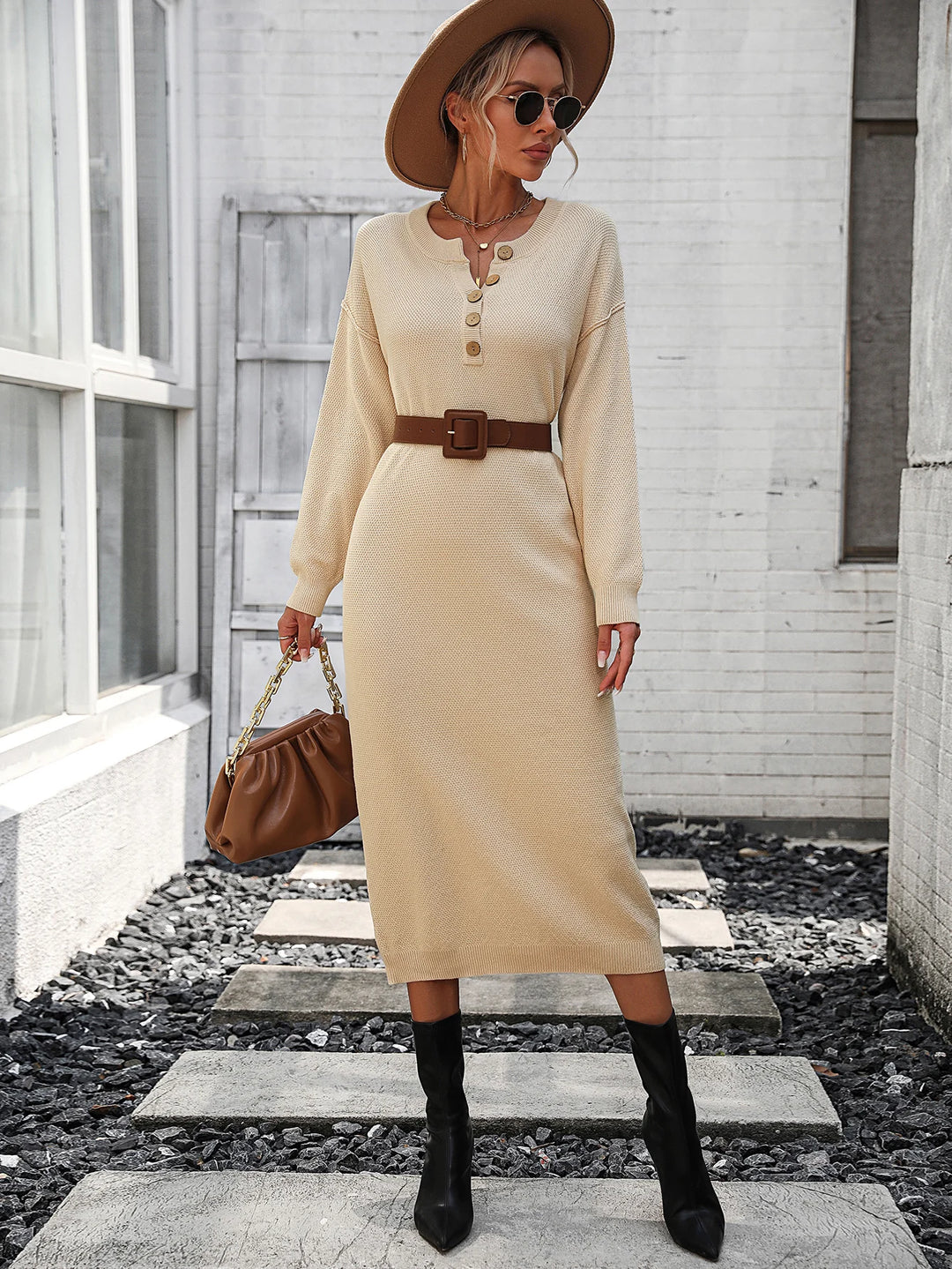 Button Long Sleeve Dress