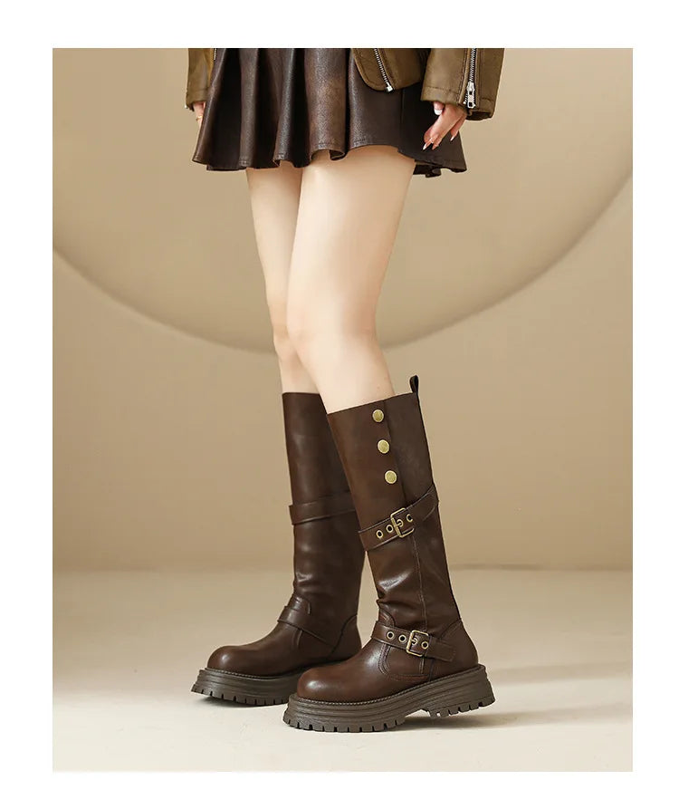 Retro British Style Thick Soled Long Boots
