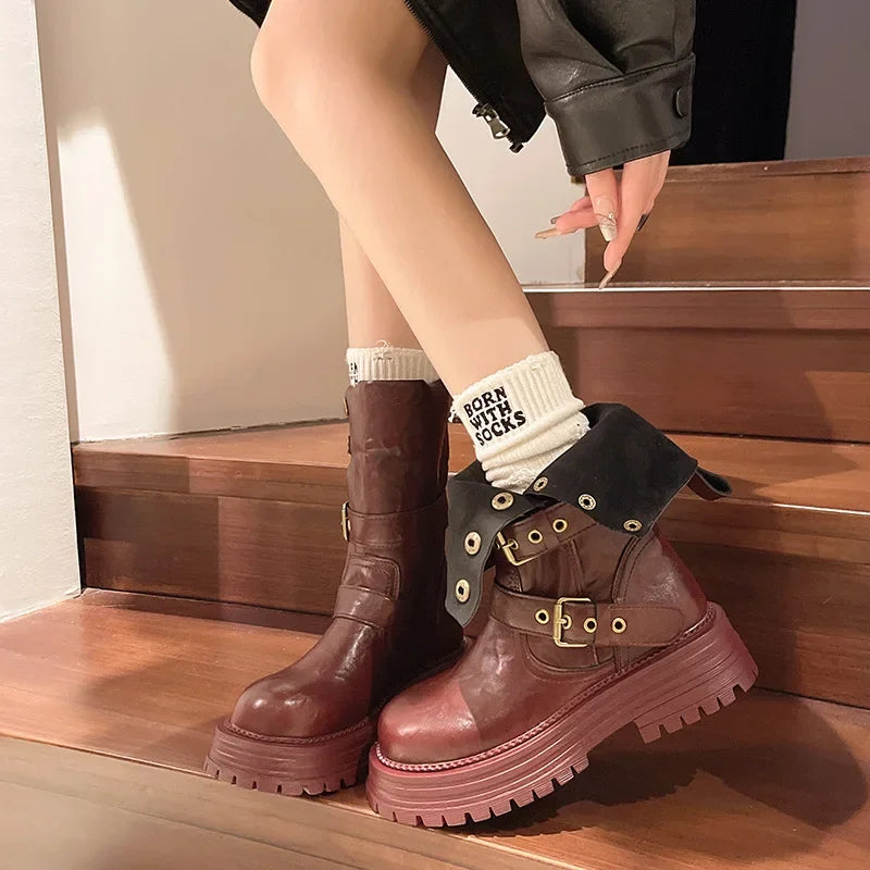 Retro British Style Women's Mid-Calf Boot
