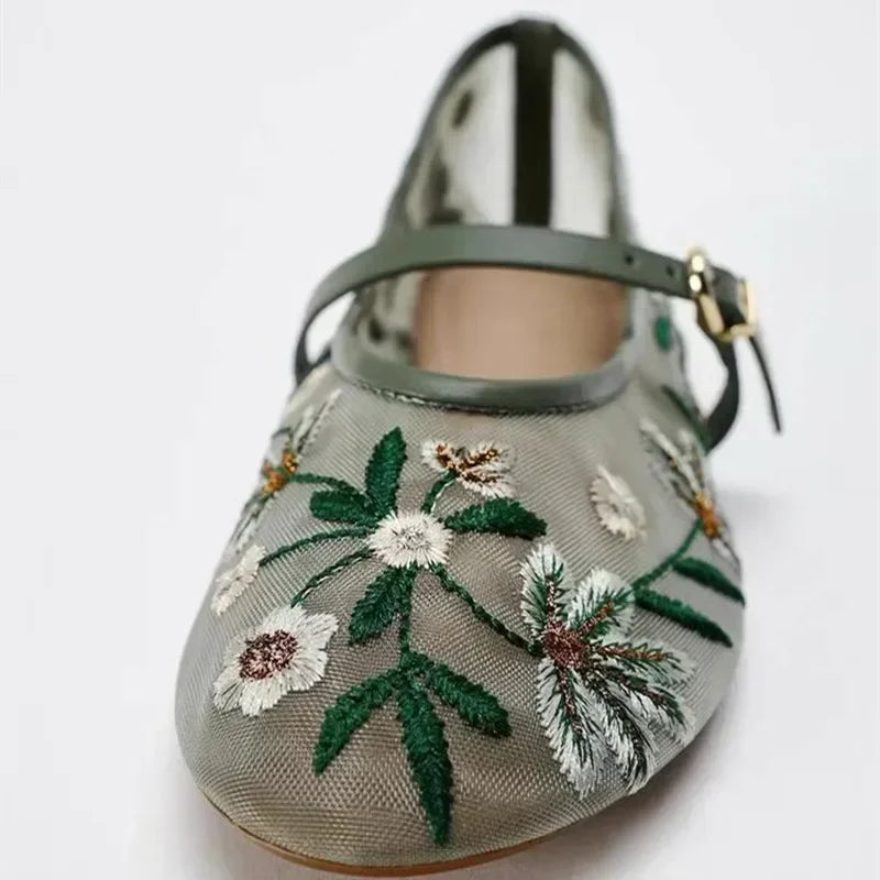Embroidered Flower Mary Jane Ballets