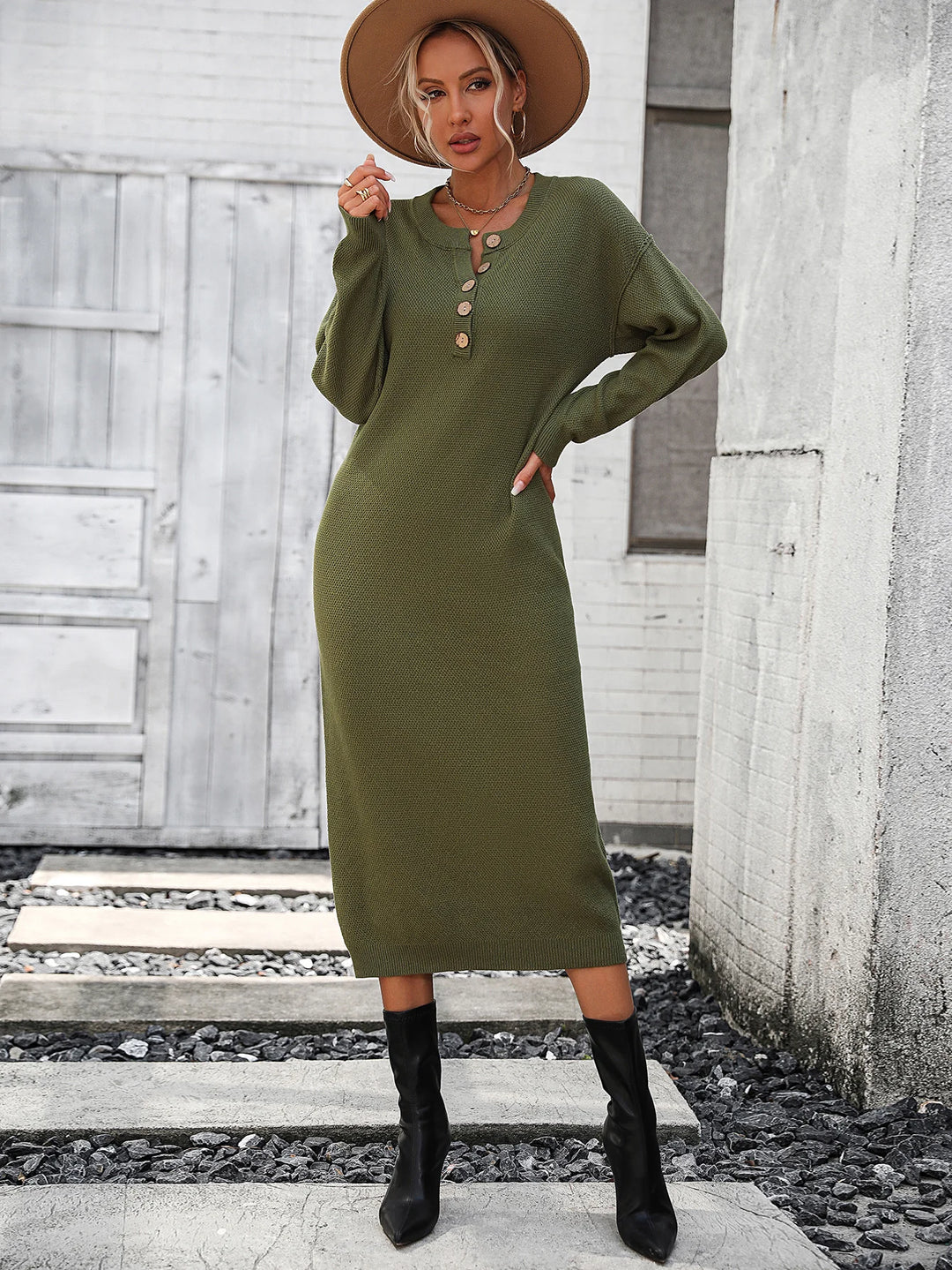 Button Long Sleeve Dress