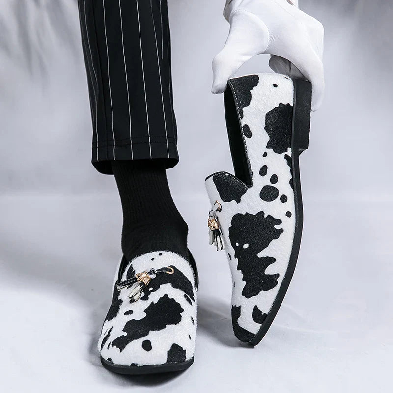 Stylish Cow Color Fringed Loafers