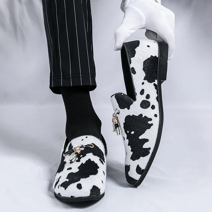 Stylish Cow Color Fringed Loafers
