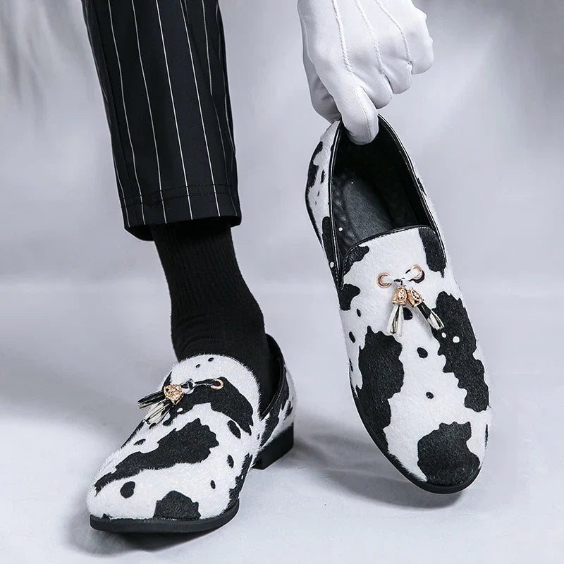 Stylish Cow Color Fringed Loafers
