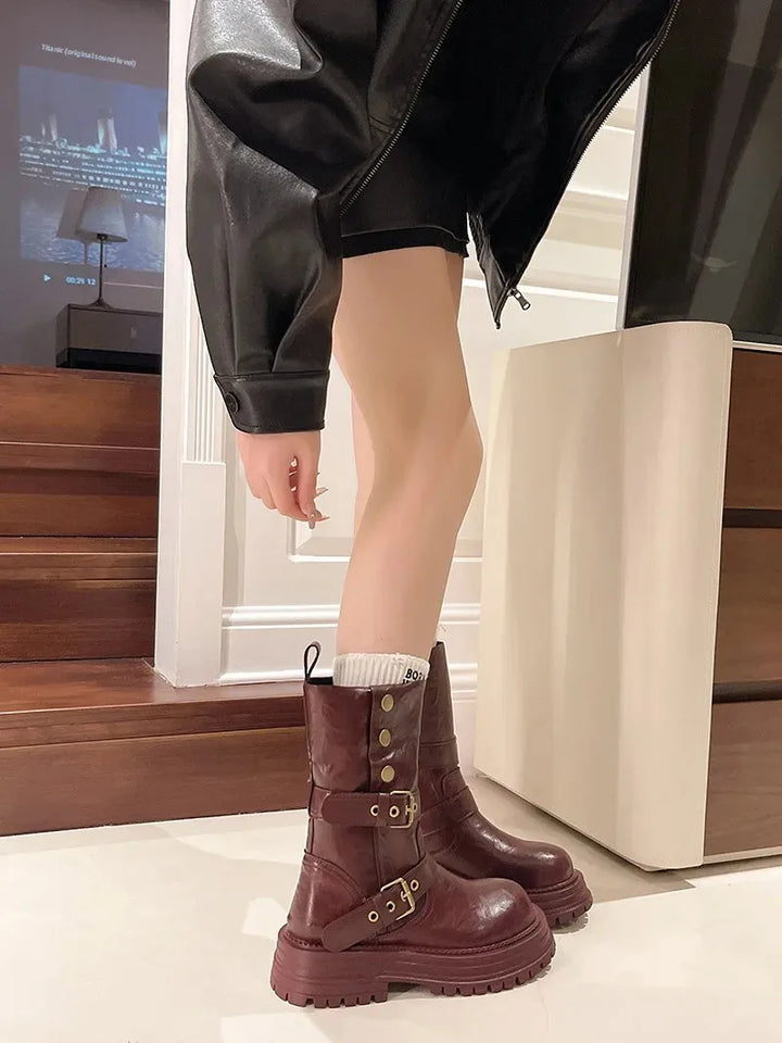 Retro British Style Women's Mid-Calf Boot