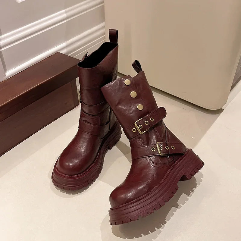 Retro British Style Women's Mid-Calf Boot