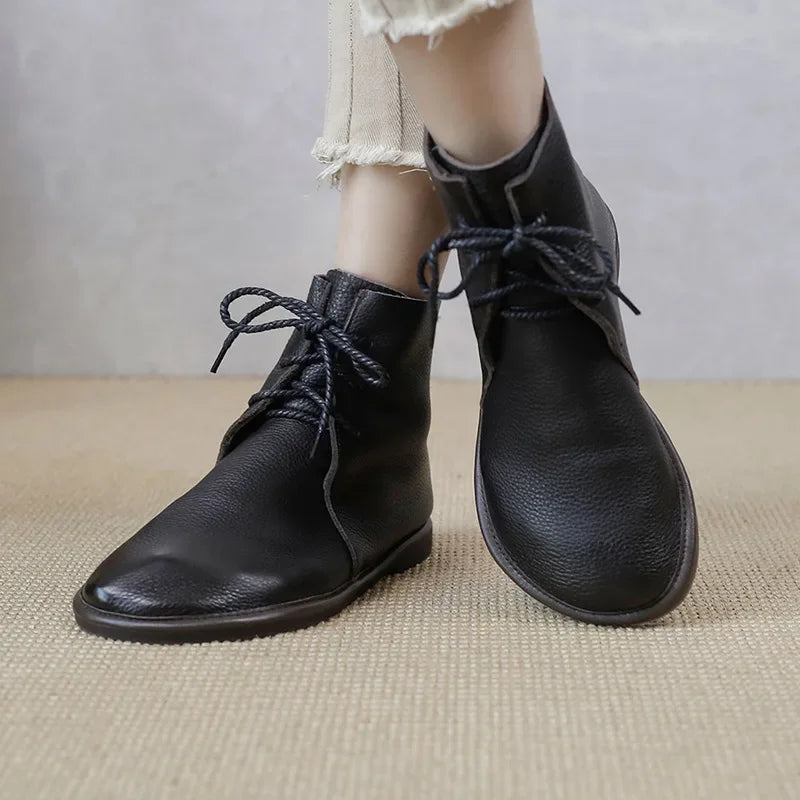 Round Toe Lace-Up Flat Ankle Boots