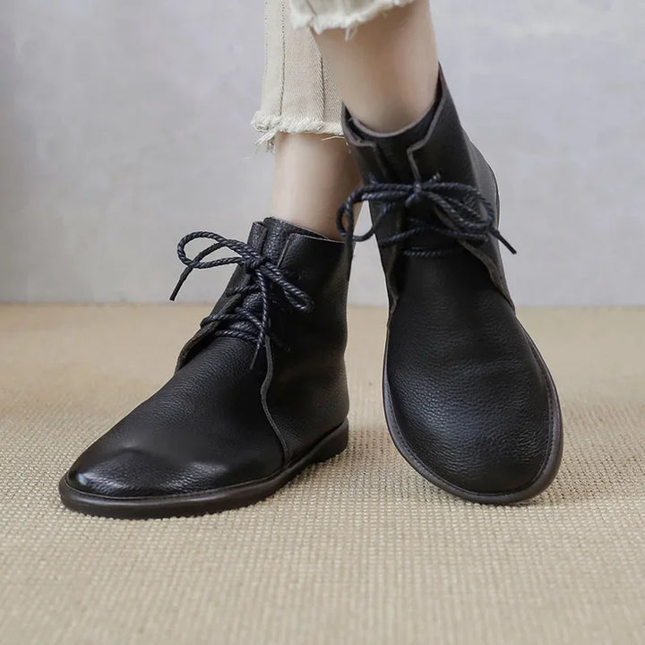 Round Toe Lace-Up Flat Ankle Boots