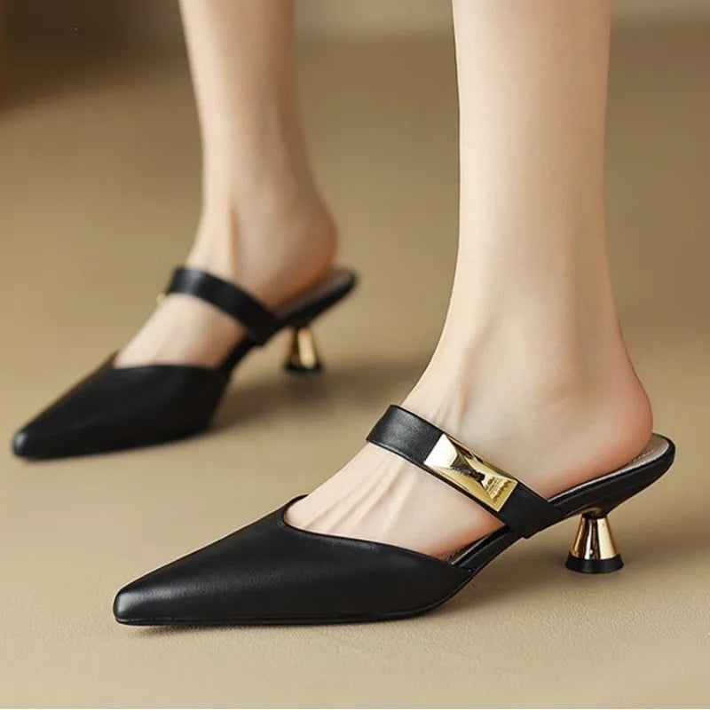 Heeled Leather Slides