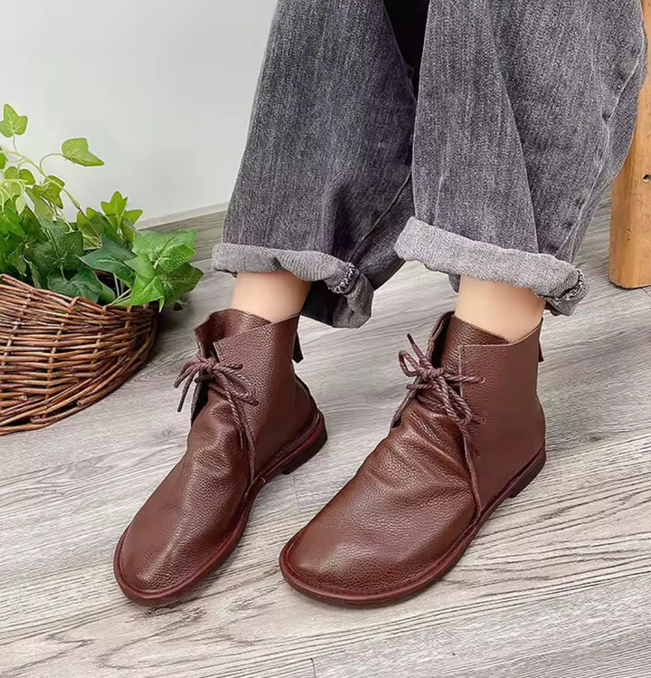Round Toe Lace-Up Flat Ankle Boots