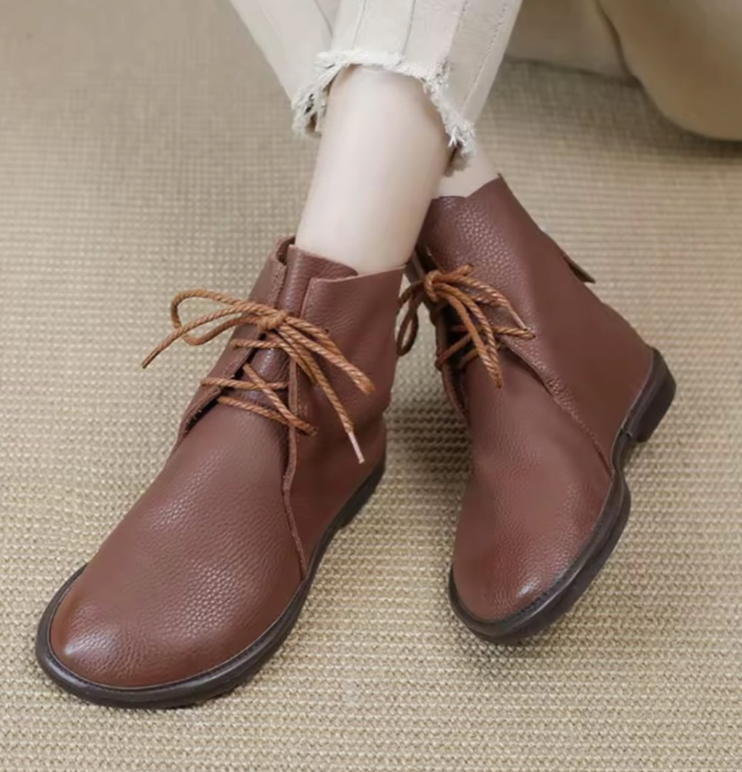 Round Toe Lace-Up Flat Ankle Boots